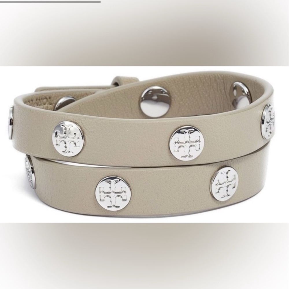 Tory Burch Gray/Beige Leather Wrap Bracelet